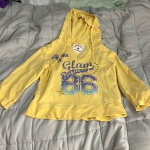 Energie Yellow Graphic Lightweight Cropped Hooded Shirt Size Large